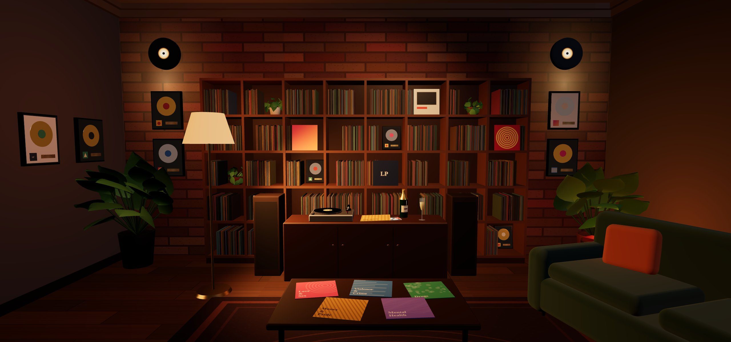 A dim listening room: shelves of records, a turntable on a sideboard, a floor lamp and a low table with five record sleeves